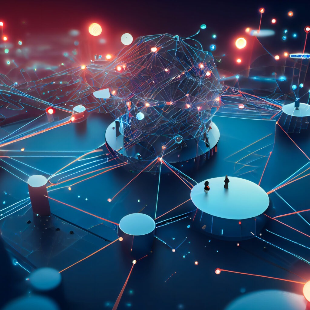 A graphical representation of a connected IoT network, with various nodes, devices, and connections. Generative AI