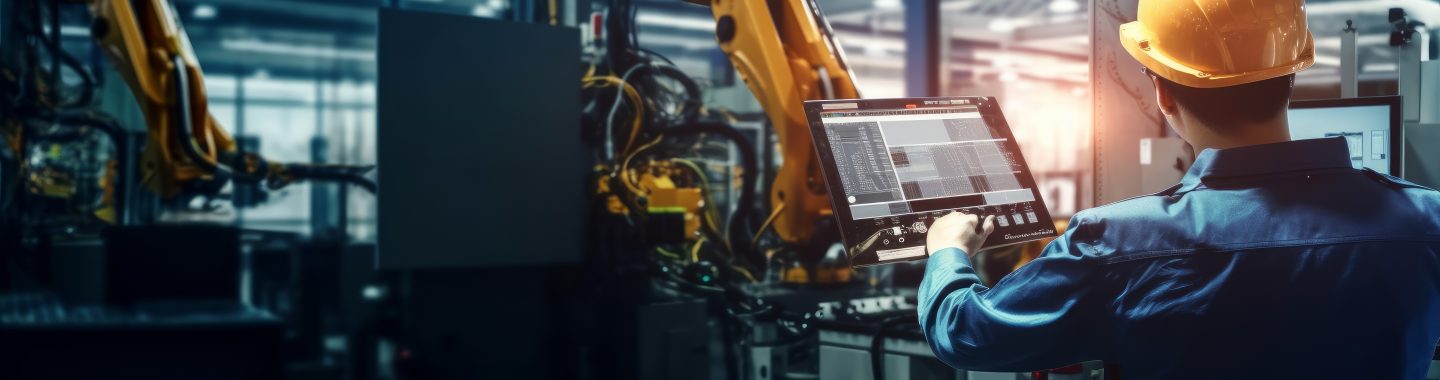 a man in a smart factory managing IOT devices in a computer